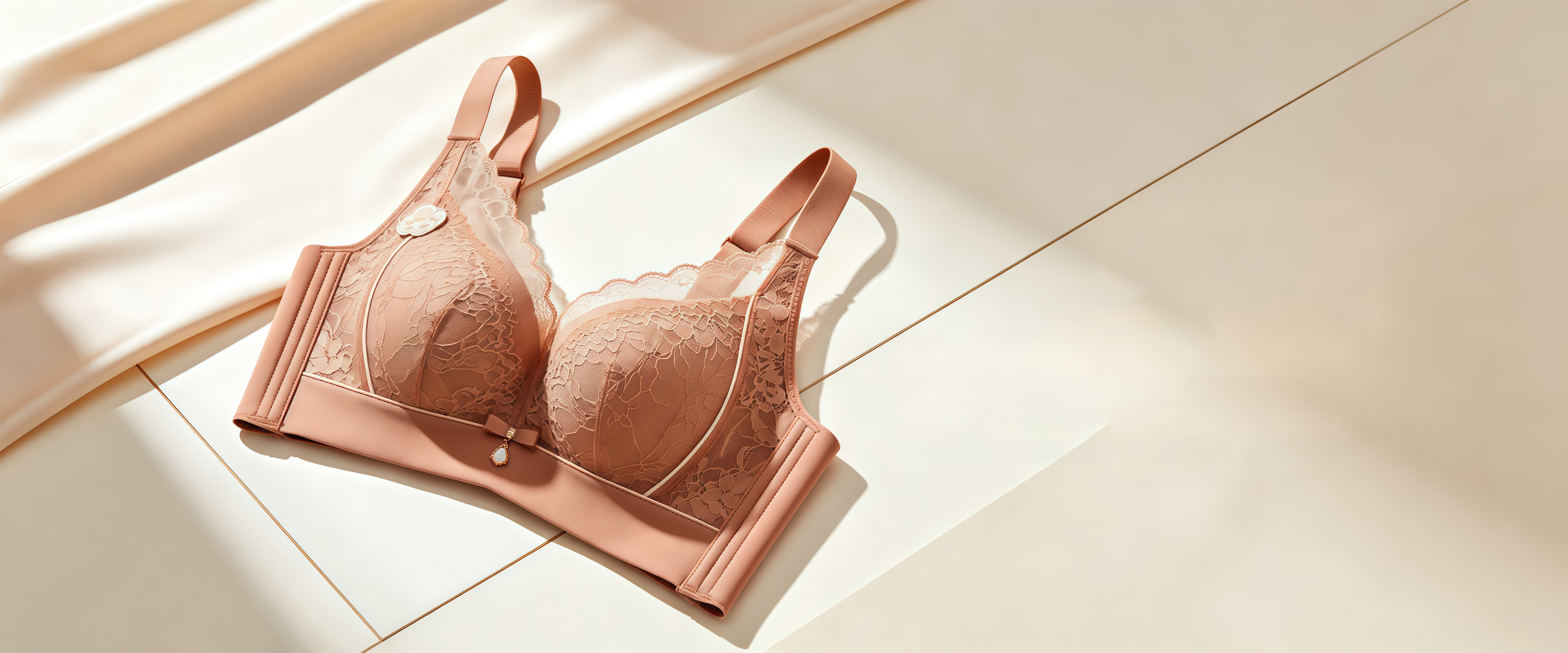 A peach lace bra with satin band and bow detail laid on cream tiles beside draped silk