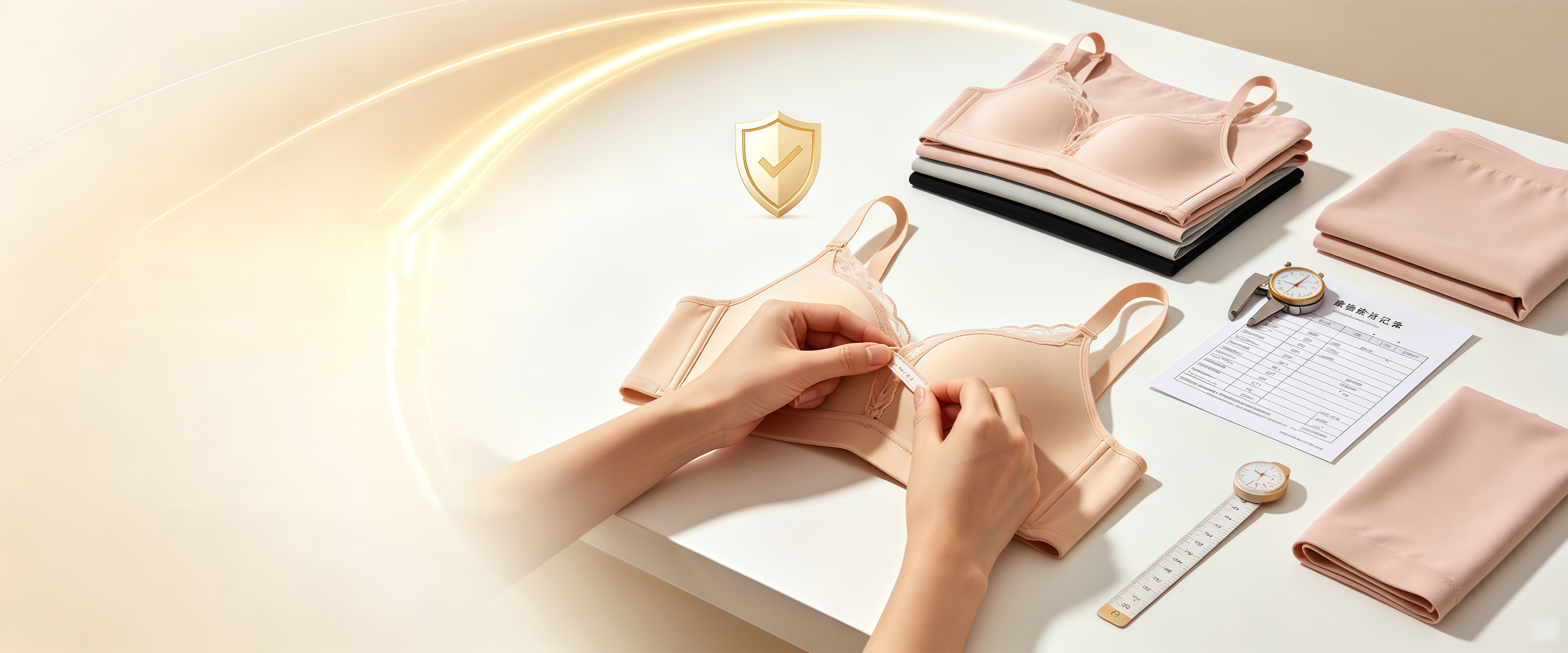 Hands checking a beige bra with a tape measure, beside folded garments, a specification sheet and a caliper
