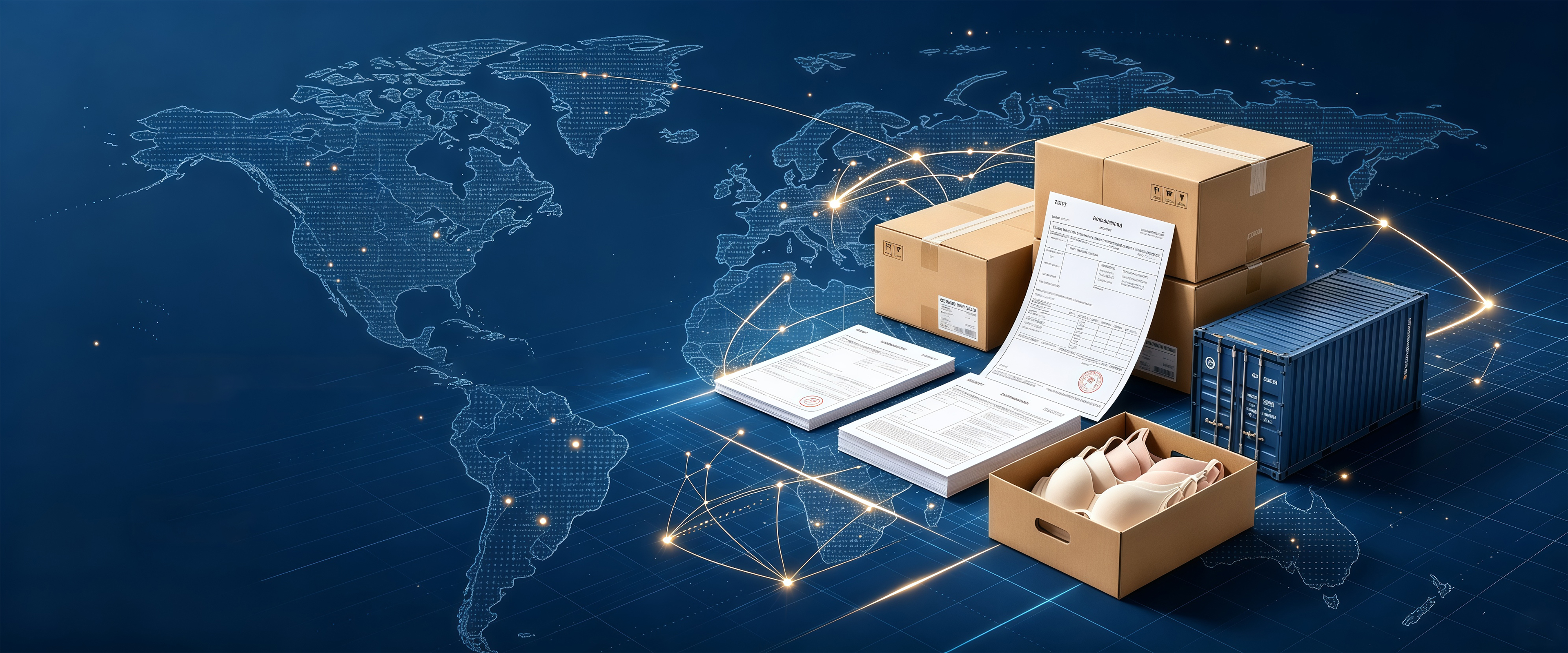 Illustration of a world map with cartons, trade documents, a shipping container and a box of bras